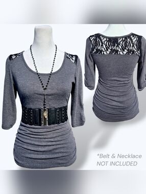 🟢 IZ Byer Y2K Grey Ruched Side Black Lace Back ¾ Roll-Tab Sleeve Top Size Small